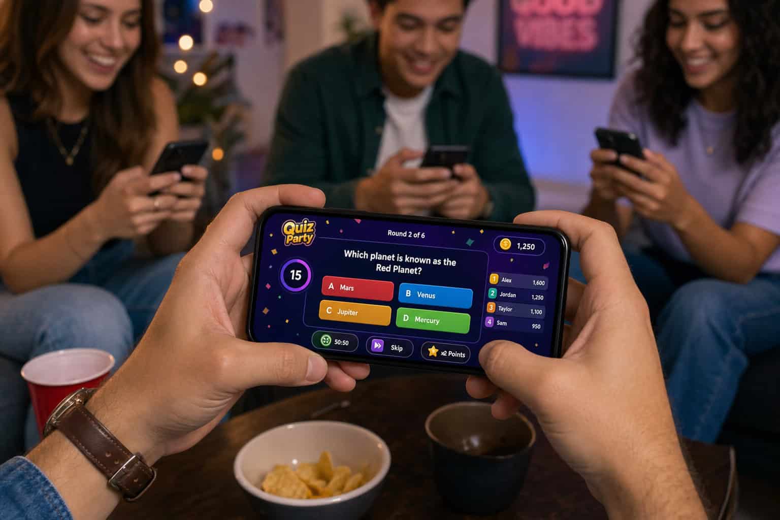 10 Free Online Party Games for Adults That Actually Work (Ranked) 4 Group of friends enjoying a mobile quiz game together, smiling and having fun in a cozy setting.