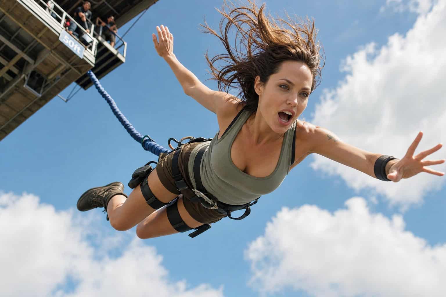 Angelina Jolie's Tomb Raider Costume: The Shorts Controversy and Lindy Hemming's Design 6 Angelina Jolie mid-bungee jump from 50 feet in Lara Croft costume, performing her own stunt.
