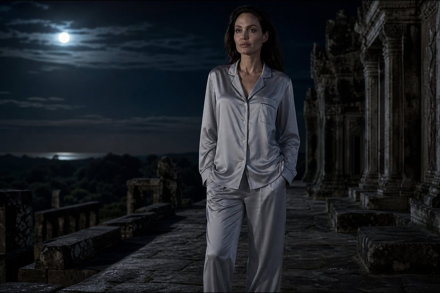 Angelina Jolie's Tomb Raider Costume: The Shorts Controversy and Lindy Hemming's Design 4 Angelina Jolie wearing silky men's-style pyjamas on a temple ruin at night for a Tomb Raider stunt scene.