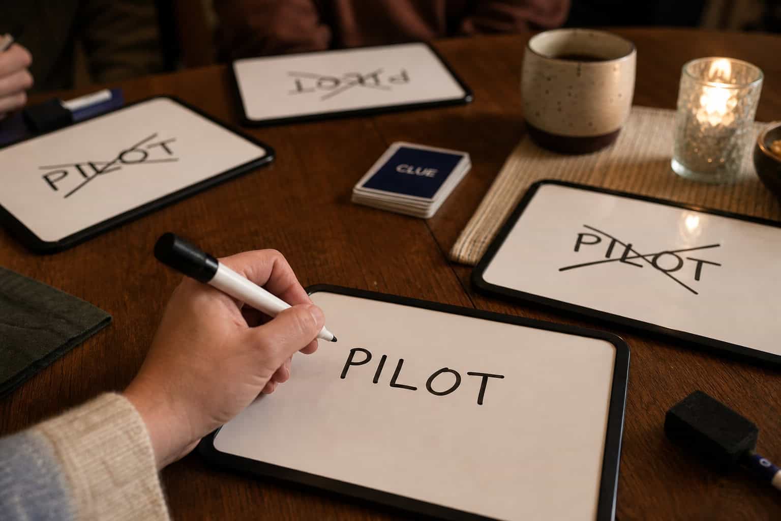 Player writing a one-word clue on a whiteboard during a Just One game.