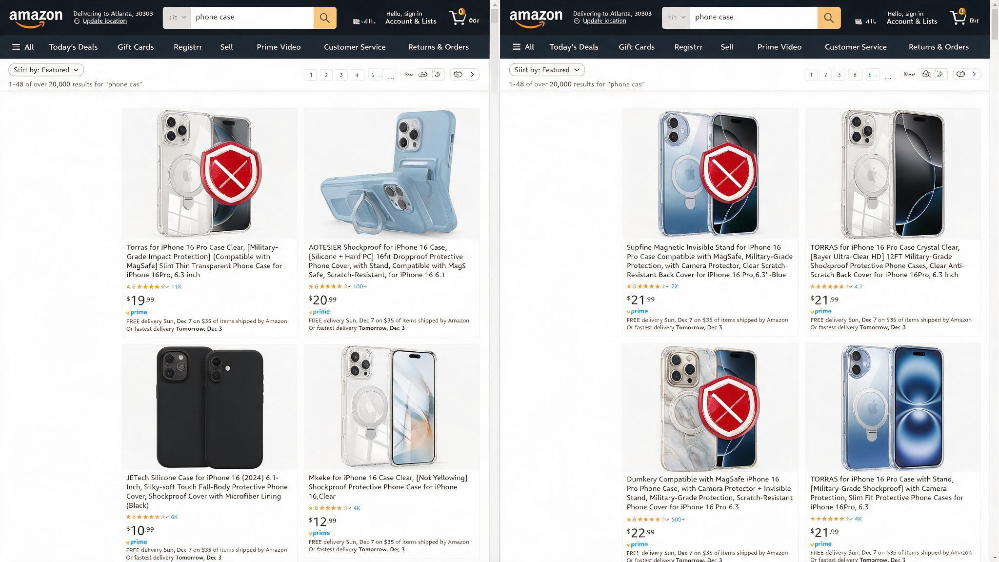 Amazon phone case search results showing Torras incorrectly blocked alongside correctly flagged junk brands Supfine and Dumkery.