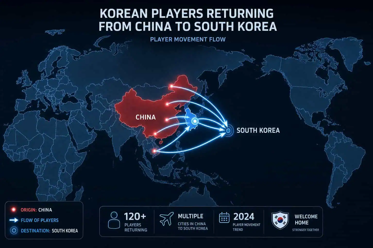 Map showing flow of Korean players returning from China to South Korea with player movement trend and statistics.