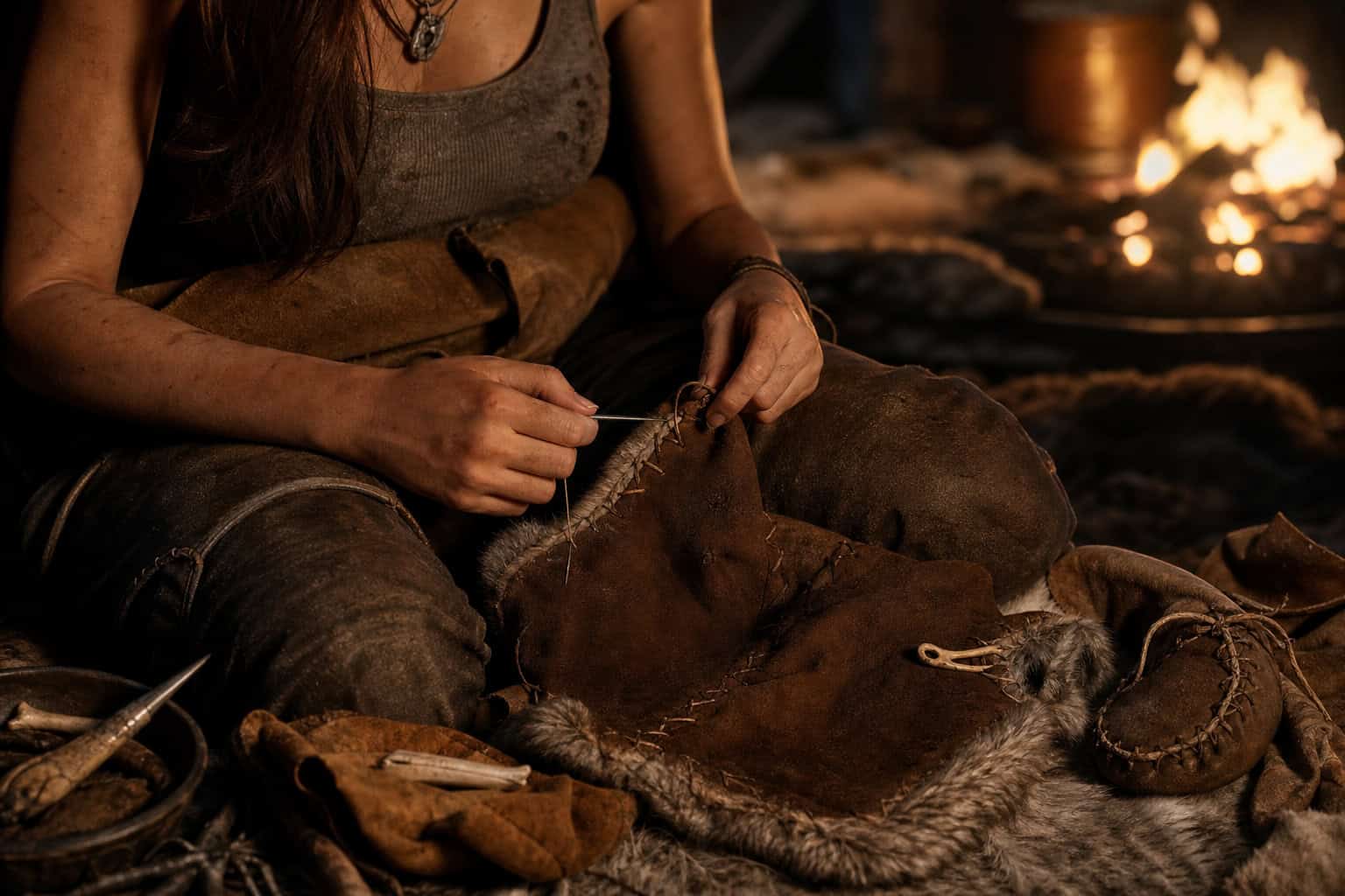 Does Outfit Choice Matter in Rise of the Tomb Raider? Yes — Here's How 2 Lara Croft hand-stitching a tunic from deer hide, showing the survival crafting in Rise of the Tomb Raider.