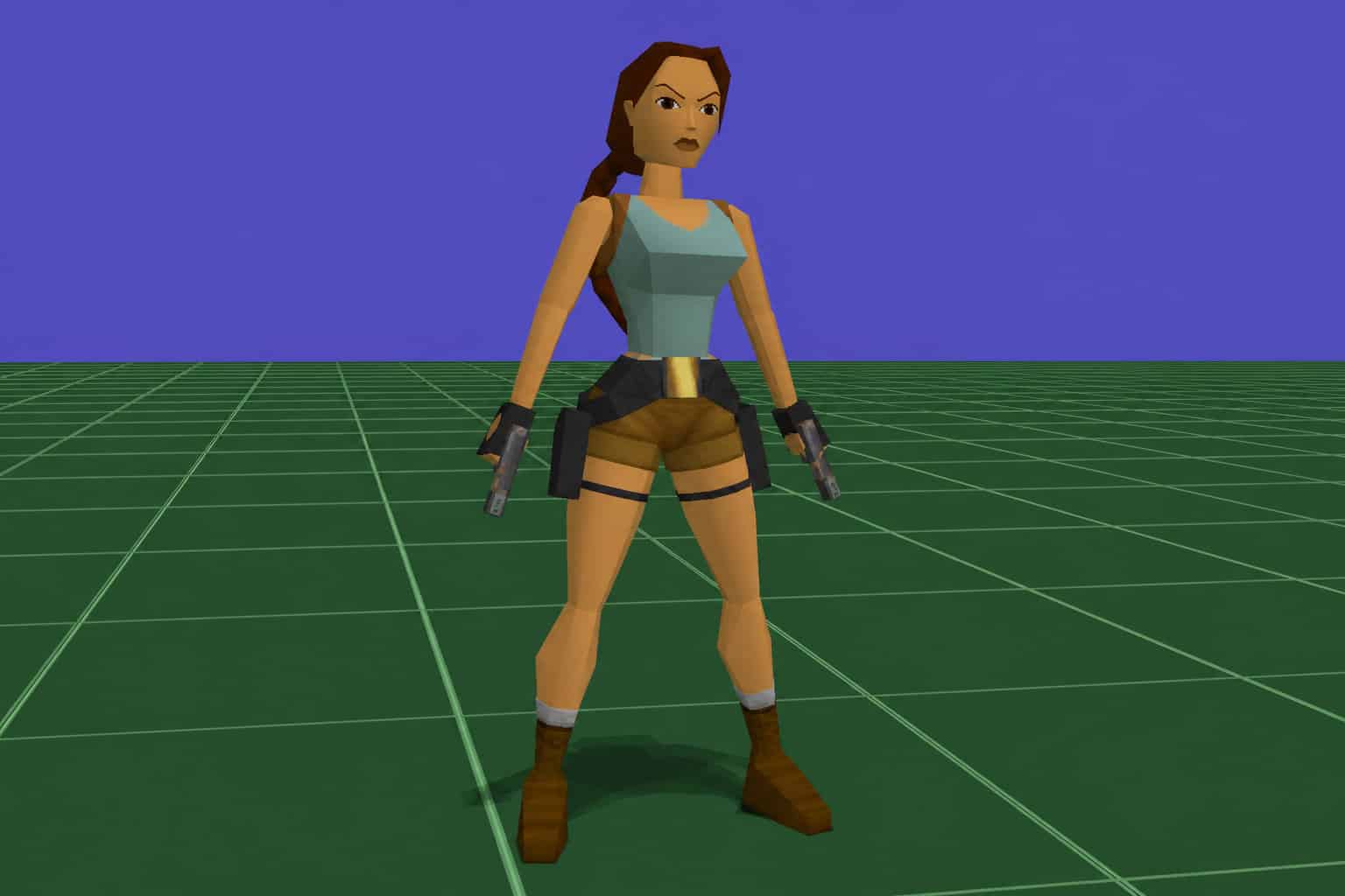 Lara Croft Game vs. Movie Outfits: A Side-by-Side Comparison 2 Tomb Raider 1996 Lara Croft blocky polygon model from classic game era.
