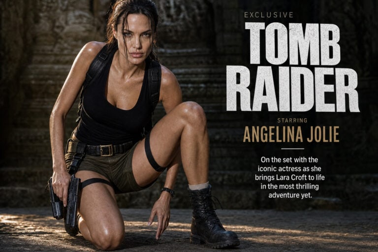 Angelina Jolie portraying Lara Croft in Tomb Raider, wearing tactical gear, kneeling with a gun, in a dark, ancient setting.