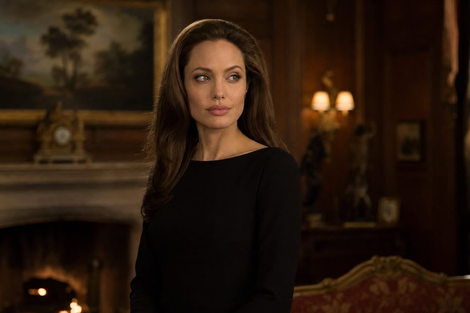Angelina Jolie wearing a simple black dress as Lara Croft in a civilian scene from the 2001 film.