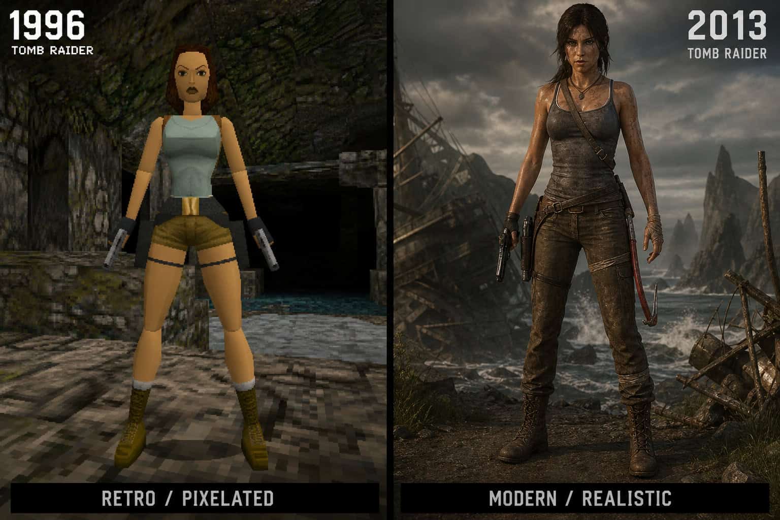 Comparison of Lara Croft's 1996 pixelated game model with exaggerated proportions and her 2013 reboot model in cargo pants.