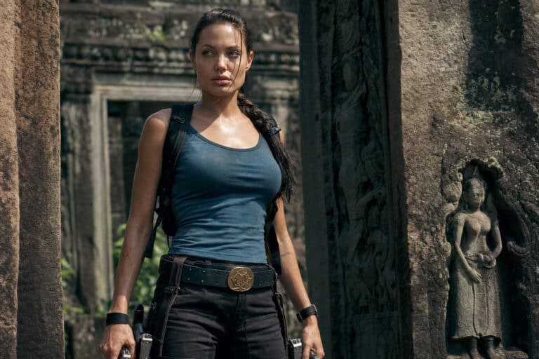 Female adventurer exploring ancient ruins with stone carvings and statues, wearing a blue tank top, black pants, and a backpack, capturing a sense of exploration and discovery.