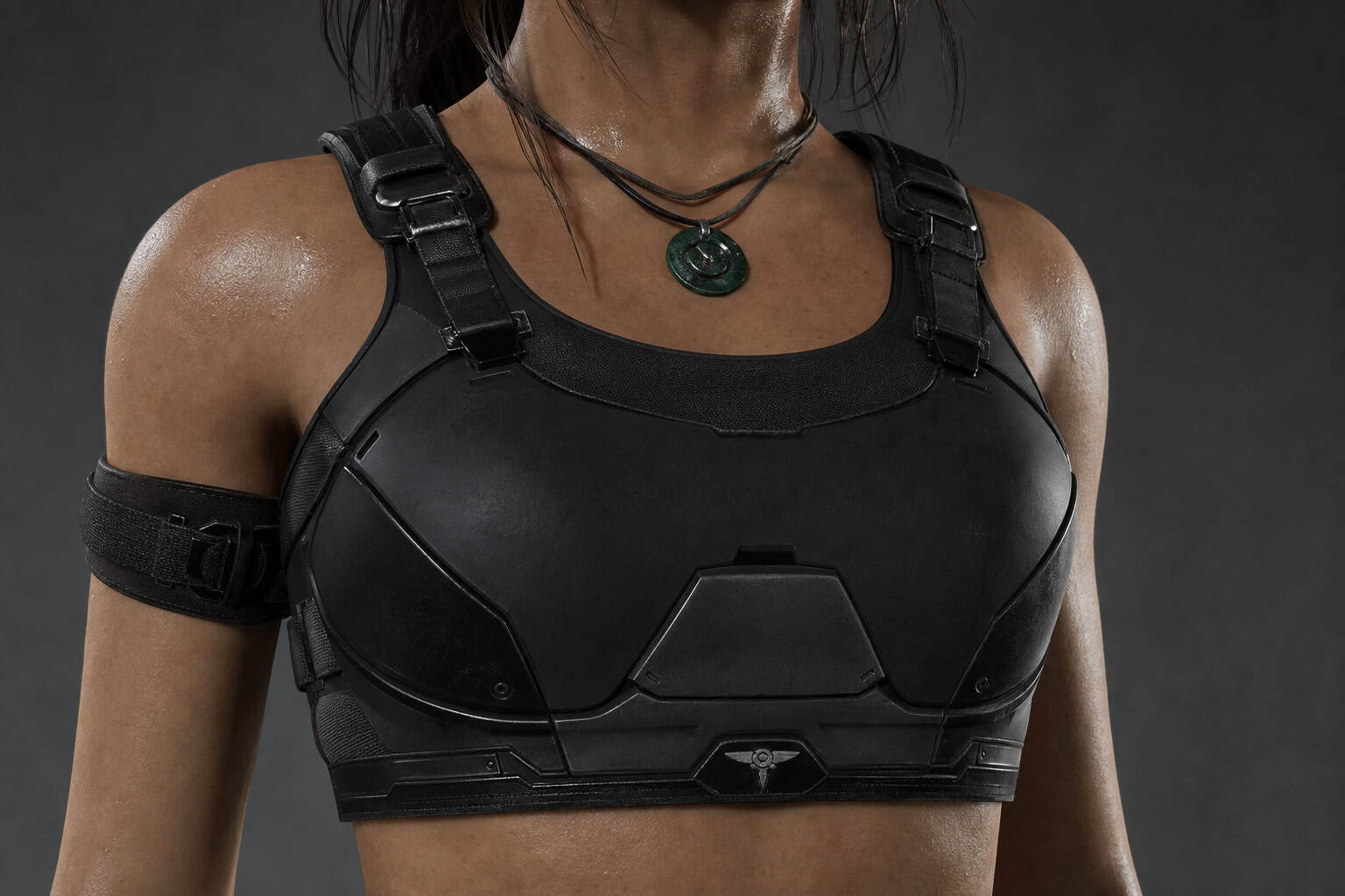 Detailed view of Lara Croft's hi-tech assault sports bra with minimal cleavage and immobile construction.