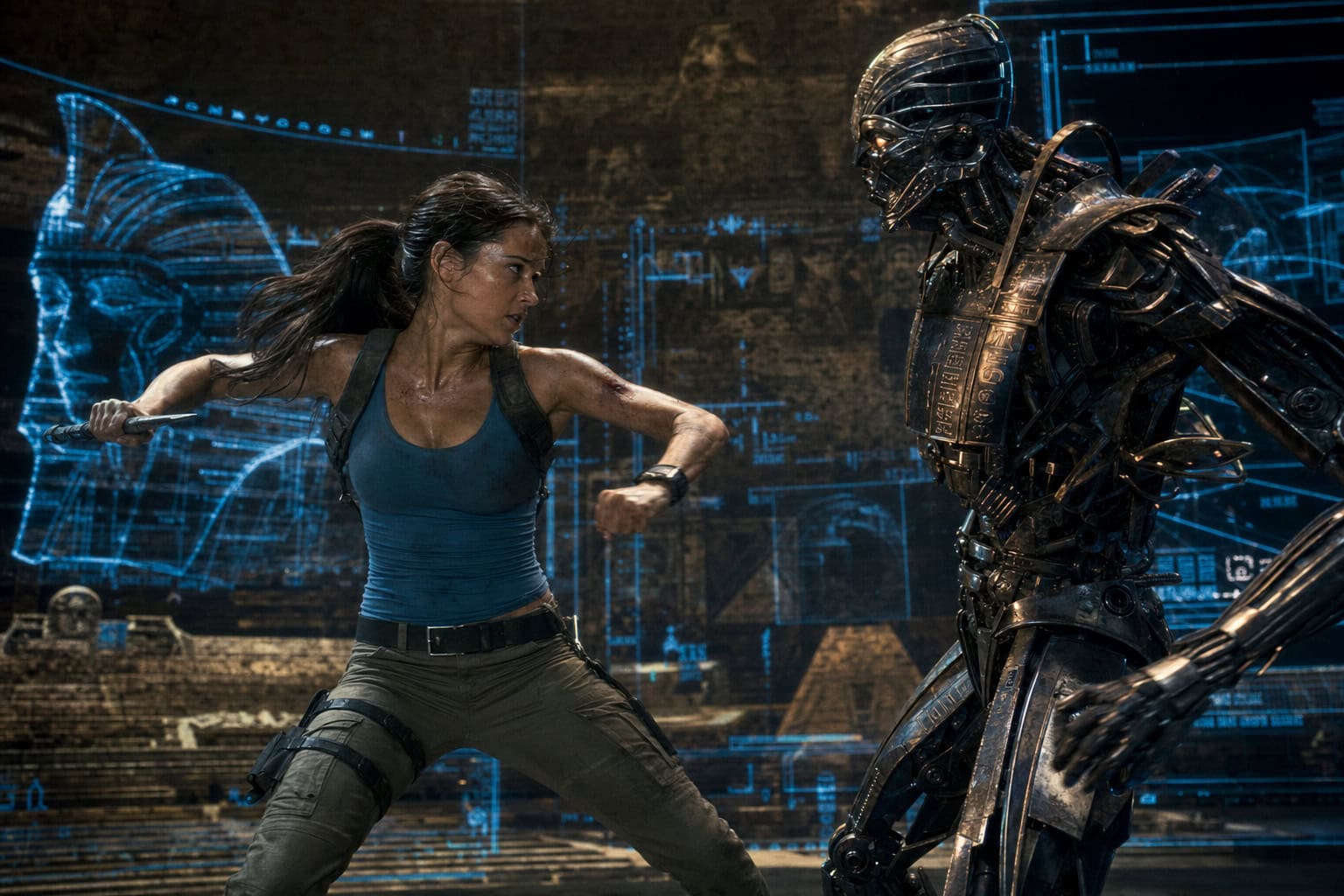 Every Lara Croft Outfit from the Tomb Raider Movies: Angelina Jolie to Alicia Vikander 2 Lara Croft training sequence with holographic robot in Tomb Raider 2001 opening scene