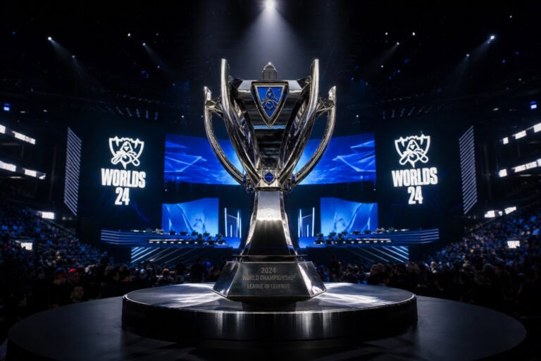 The League of Legends World Championship trophy displayed on stage during the finals, with large screens showing the Worlds 24 logo and an audience in the background.