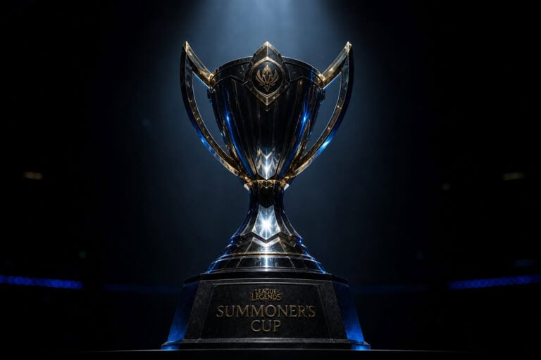 The Summoner's Cup, a prestigious trophy in League of Legends, is displayed with dramatic lighting highlighting its intricate design and metallic finish.
