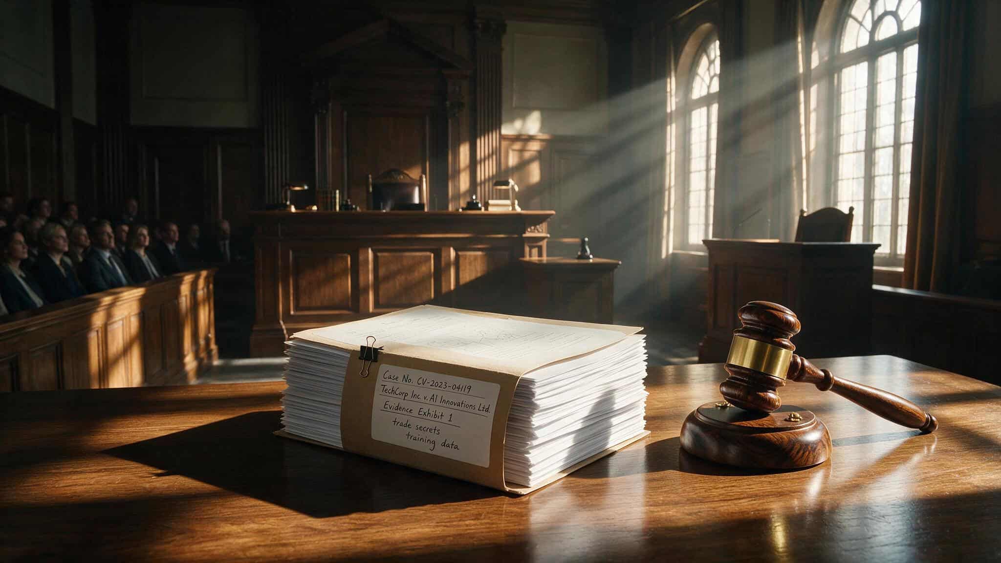 Four liability frameworks section image showing legal documents and trade secrets in a courtroom.