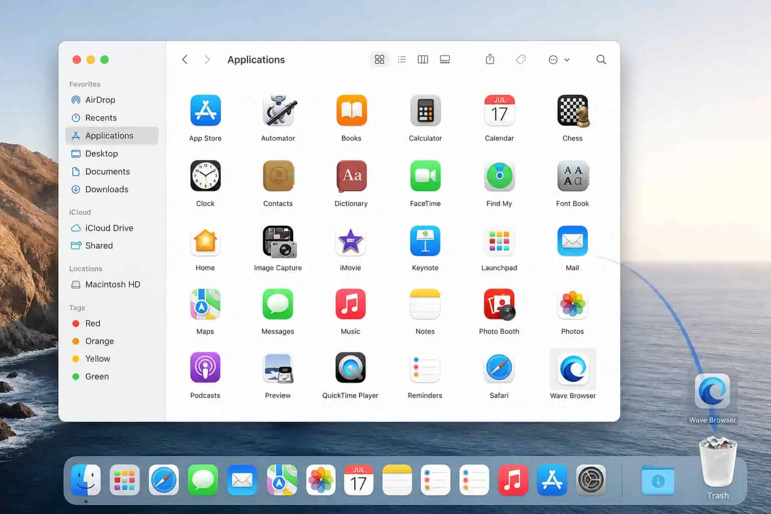 Mac Finder showing Wave Browser app being dragged to Trash for manual removal