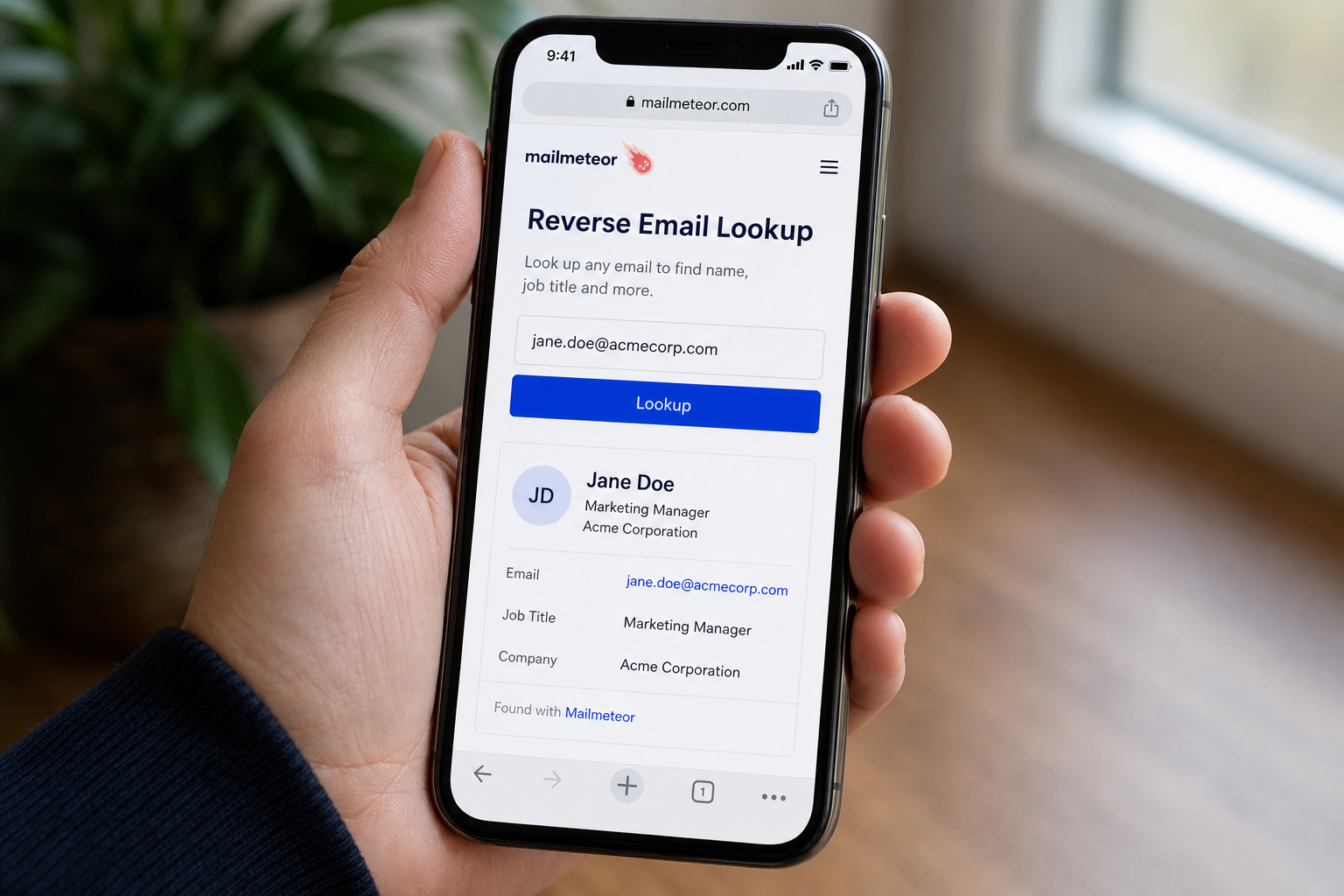 Reverse Email Lookup Free: How to Use WHOIS, RDAP, and OSINT to Find the Owner 3 Mailmeteor reverse email lookup result on a smartphone showing name and job title