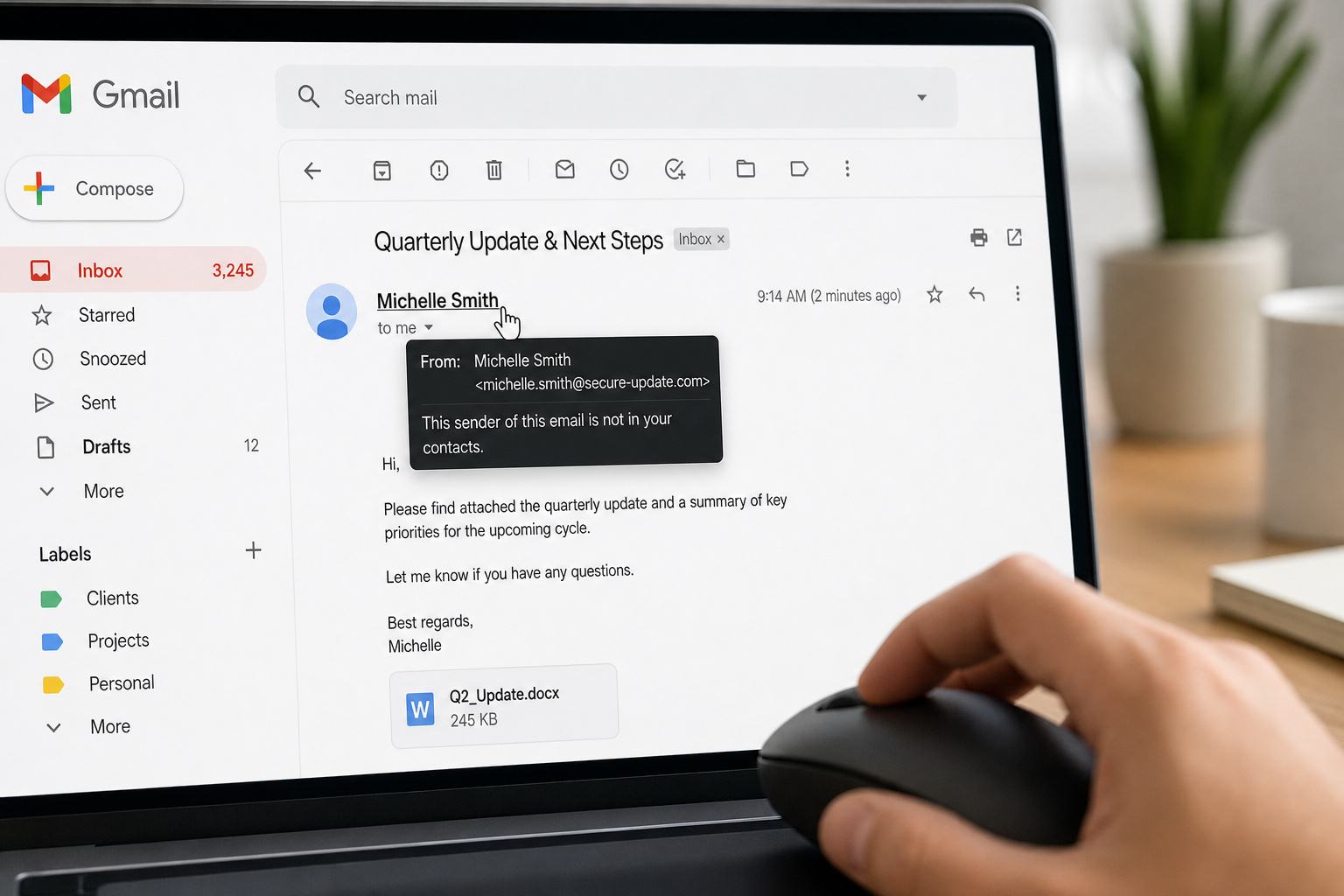 How to Verify if an Email is Legit: A Security Pro's Step-by-Step Guide 2 Hand hovering over a spoofed email sender name in Gmail, showing the hidden address.