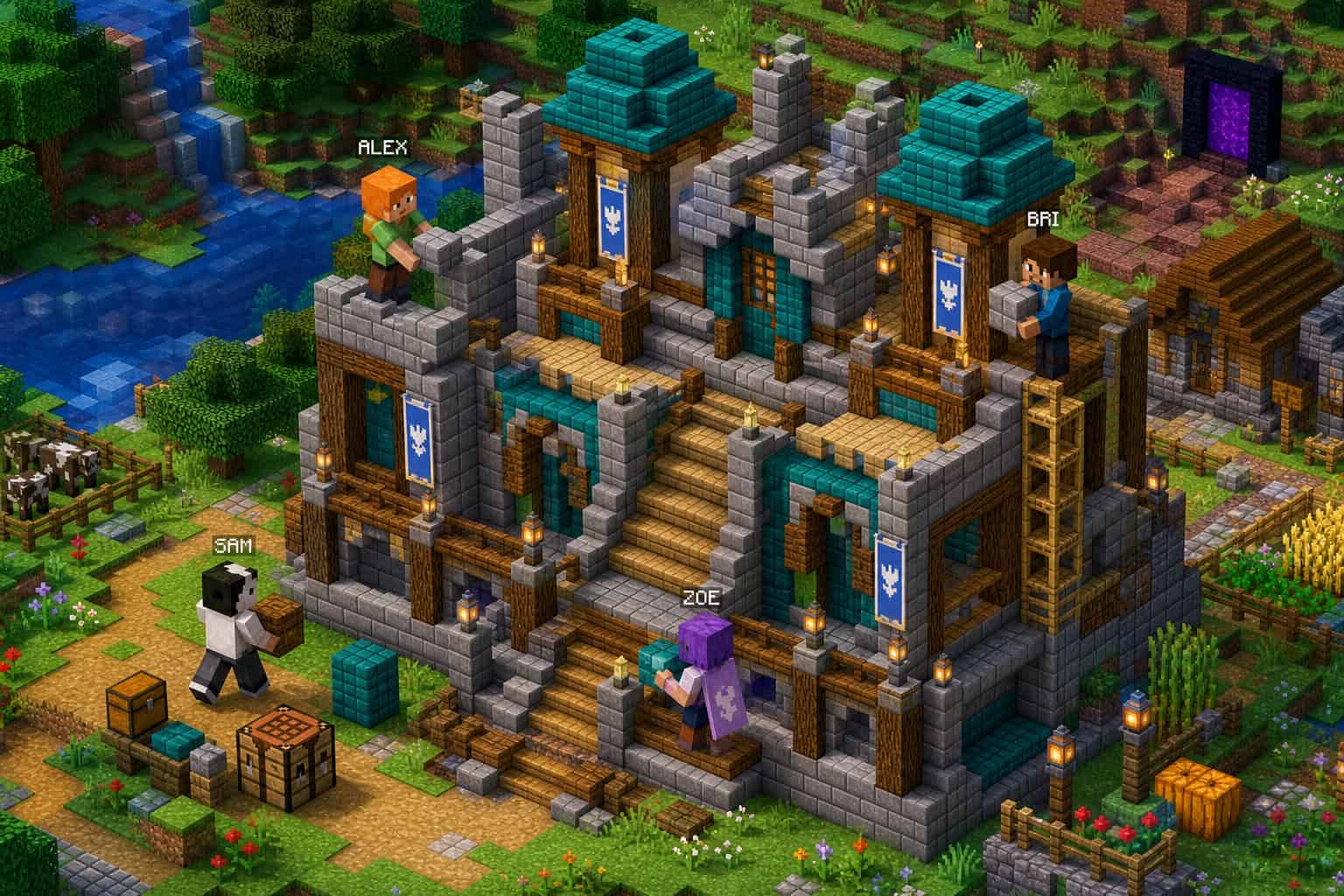 Minecraft castle with characters Alex, Sam, Zoe, and Bri in a vibrant pixel art landscape with water, trees, and structures.