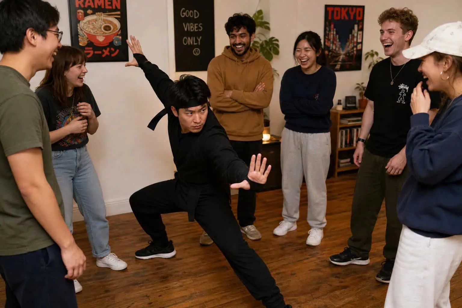 Best Social Party Games for Large Groups: Tested With 25 People 9 Group of diverse friends having fun playing dance game indoors, laughing and enjoying each other's company.