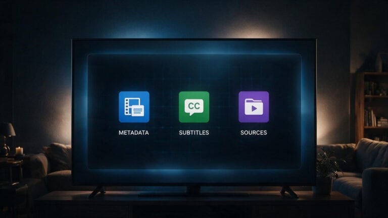 Nuvio streaming app interface on TV showing only three essential addons: metadata, subtitles, and sources.