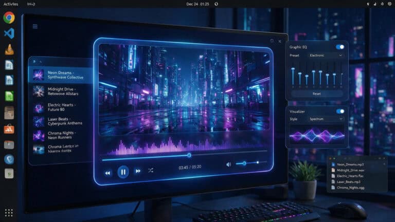Nuvio Desktop alpha media client interface on a Linux monitor in dark mode