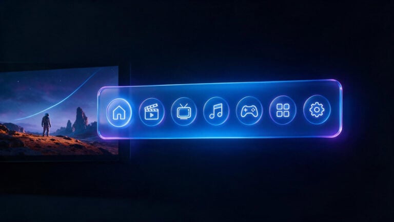 Nuvio media center interface on a TV screen with neon blue and purple glow