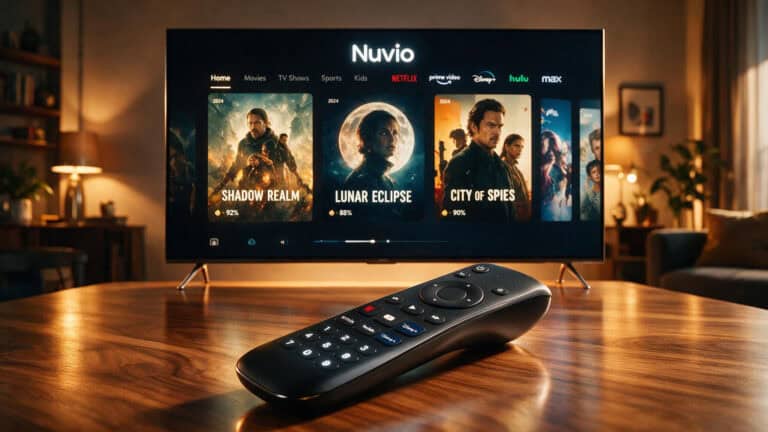 Nuvio media center interface on a TV with a remote control nearby
