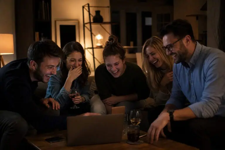 Group of five friends laughing and having fun while watching something on a laptop in a cozy living room at night.