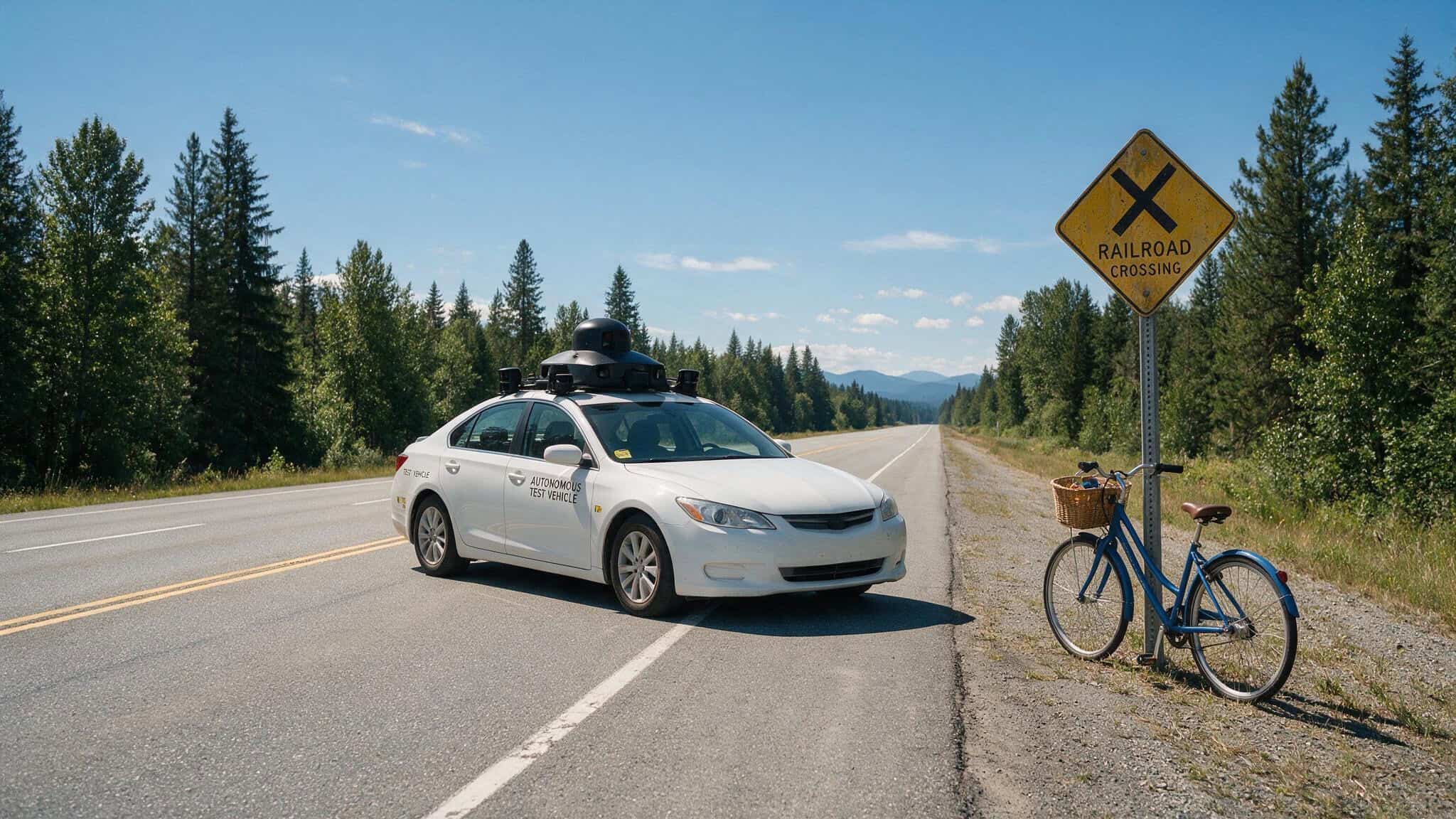 5 Hidden Dangers of Self-Driving Cars: A Box, a Cone, and a Whistleblower 2 Self-driving car stopped on empty road because of a bicycle on the shoulder
