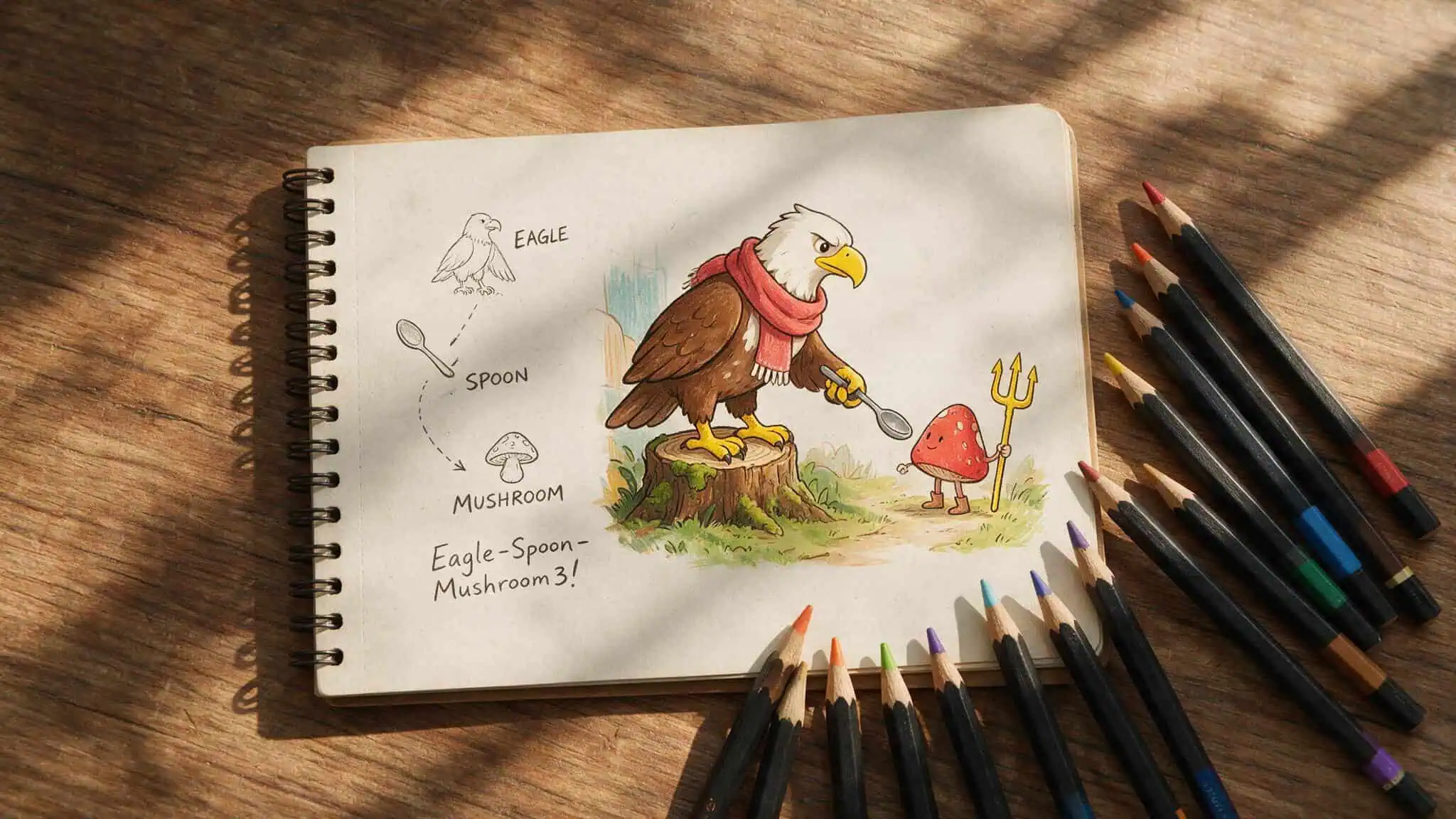 Mnemonic Passwords: Why Lowercase-Only Can Be as Strong as Complex Strings 3 Notebook sketch showing a Person-Action-Object story mapping the password Eagle-Spoon-Mushroom3 to a vivid mental image.