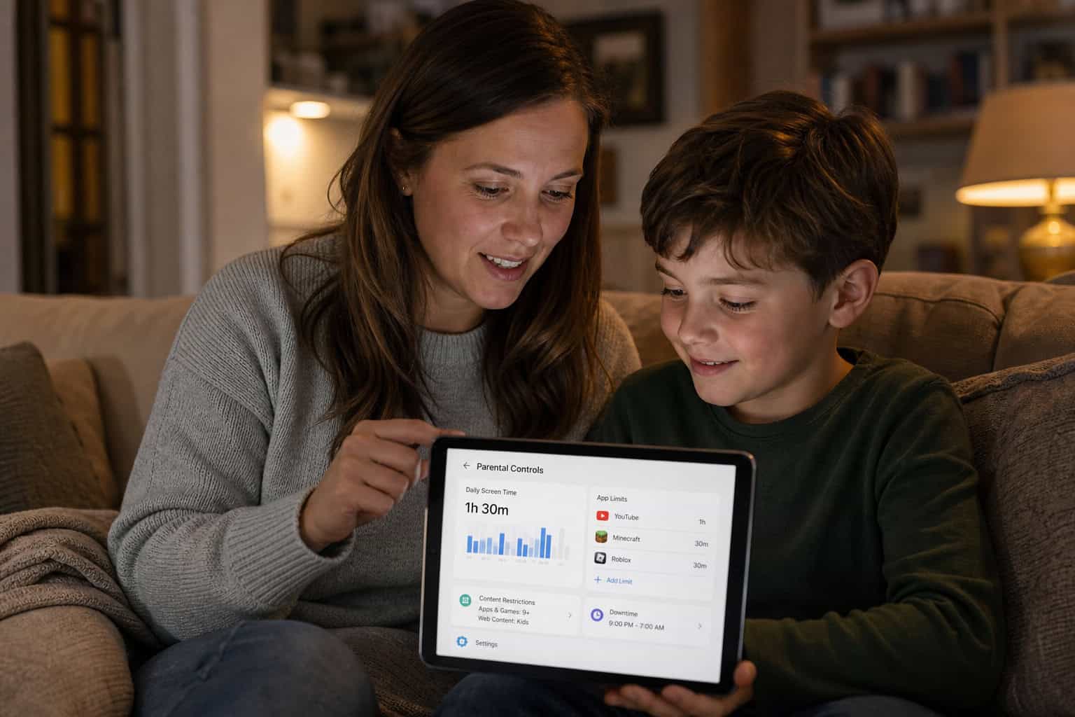 Mother and son reviewing parental control settings on a tablet at home, promoting safe internet use for children.