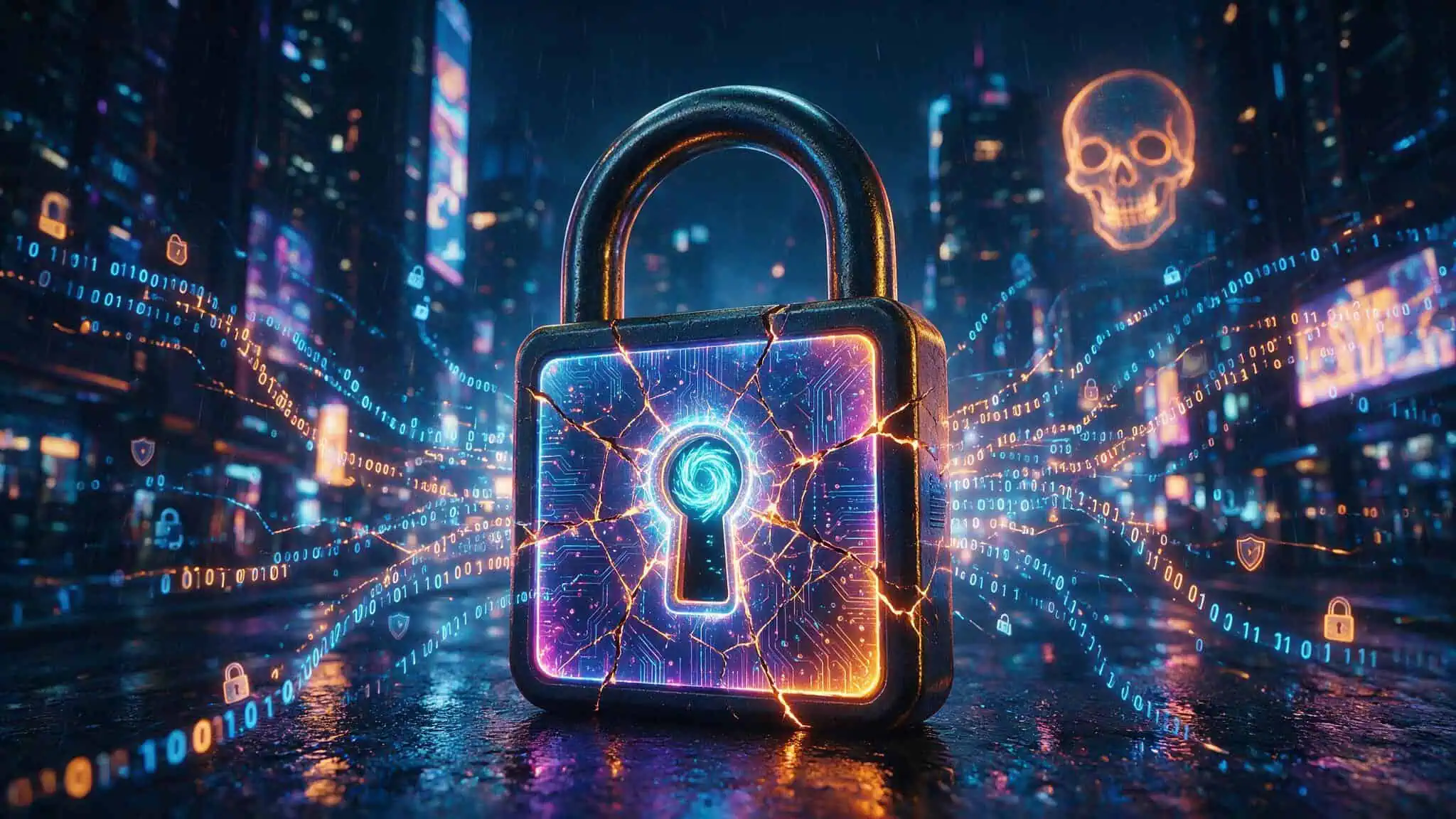 Easy Passwords to Remember Numbers: 3 Numeric Mnemonic Formulas That Actually Work 2 Cracked digital padlock with binary code representing the 2025 password crisis