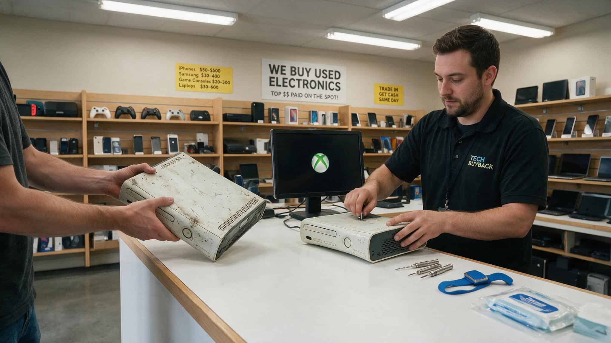 Customer trading a broken Xbox 360 console at a PayMore Store counter for instant cash.