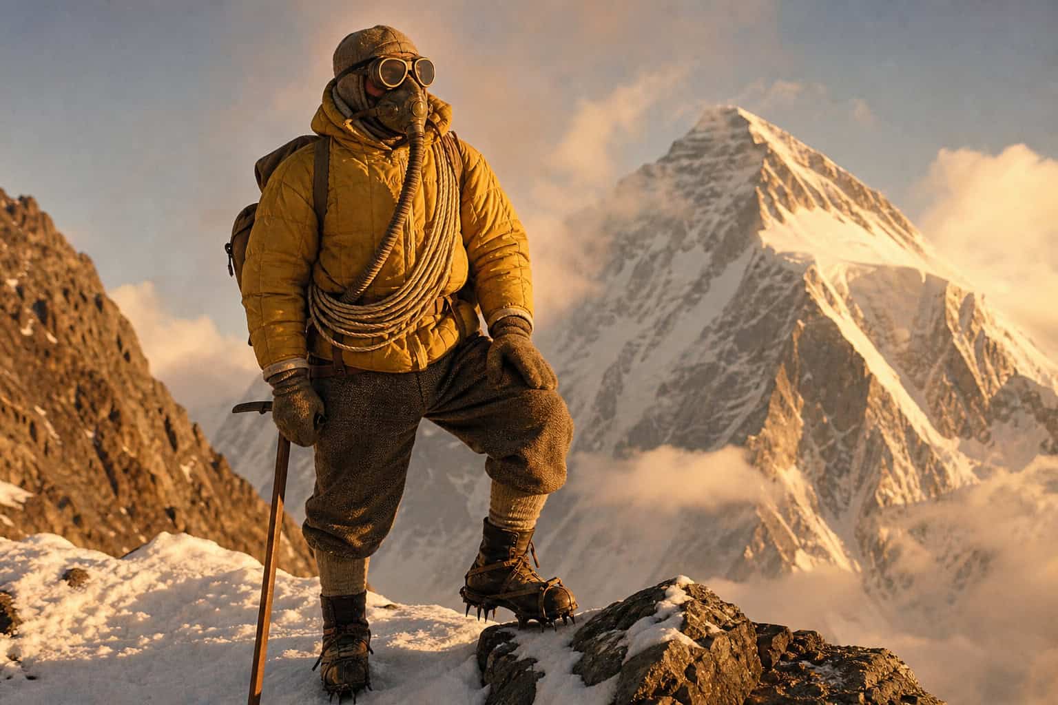 Pioneer outfit with vintage mountaineering gear inspired by Sir Edmund Hillary and K2 expeditions.