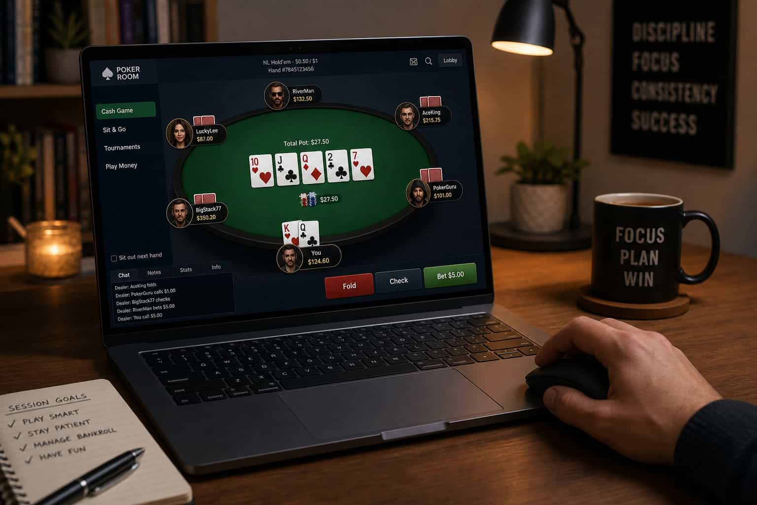 10 Free Online Party Games for Adults That Actually Work (Ranked) 9 Close-up of a person playing online poker on a laptop with a green table and cards visible, in a cozy room setting.