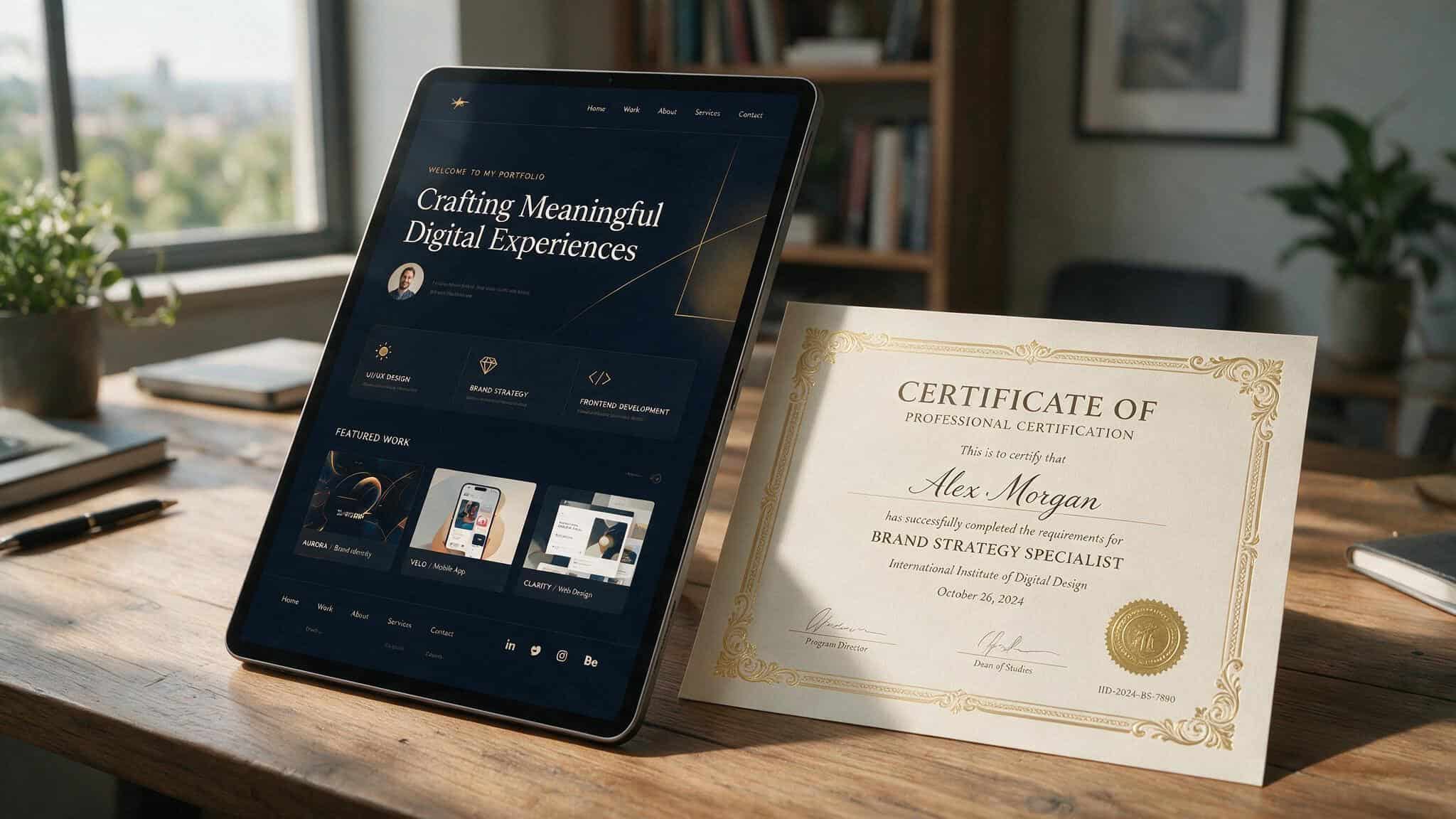 Best Web Design Courses 2026: Free to Premium With Honest Pricing 5 Tablet showing a portfolio website next to a printed certificate on a desk for web design careers.