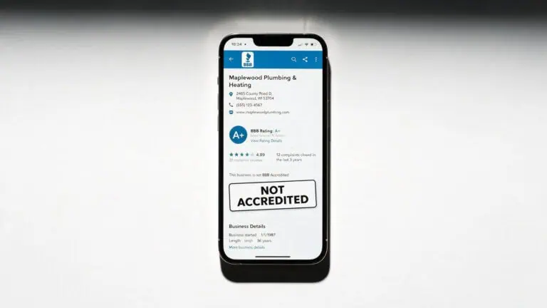 Public Mobile BBB profile showing NOT ACCREDITED status on a smartphone screen