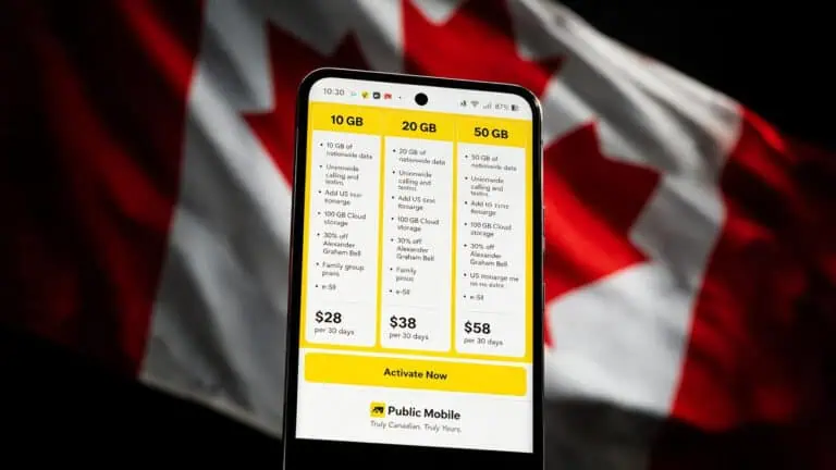 Public Mobile plan pricing comparison on a smartphone screen with Canadian flag background
