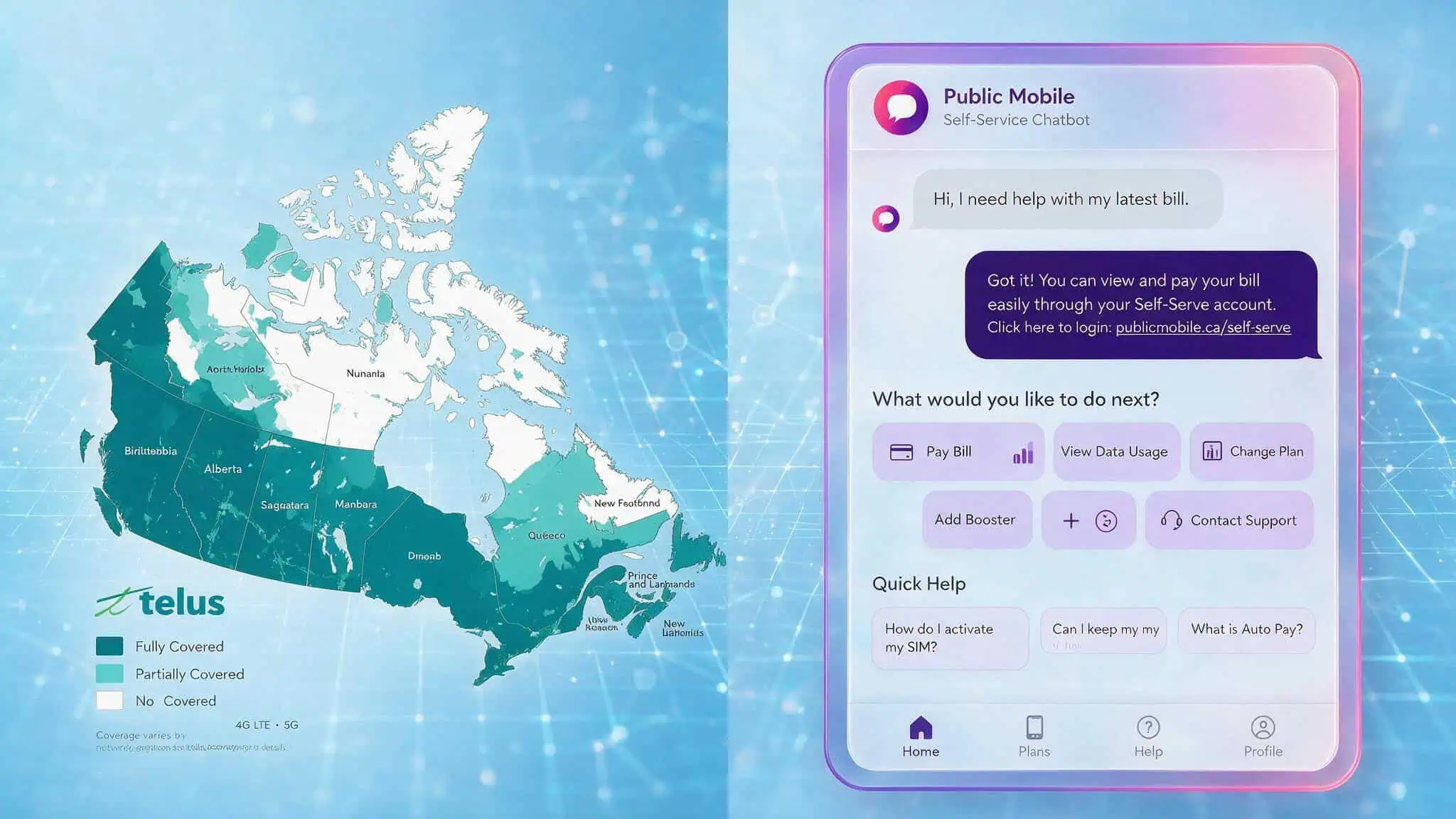 Split-screen comparison of Telus network coverage map and Public Mobile chatbot support interface