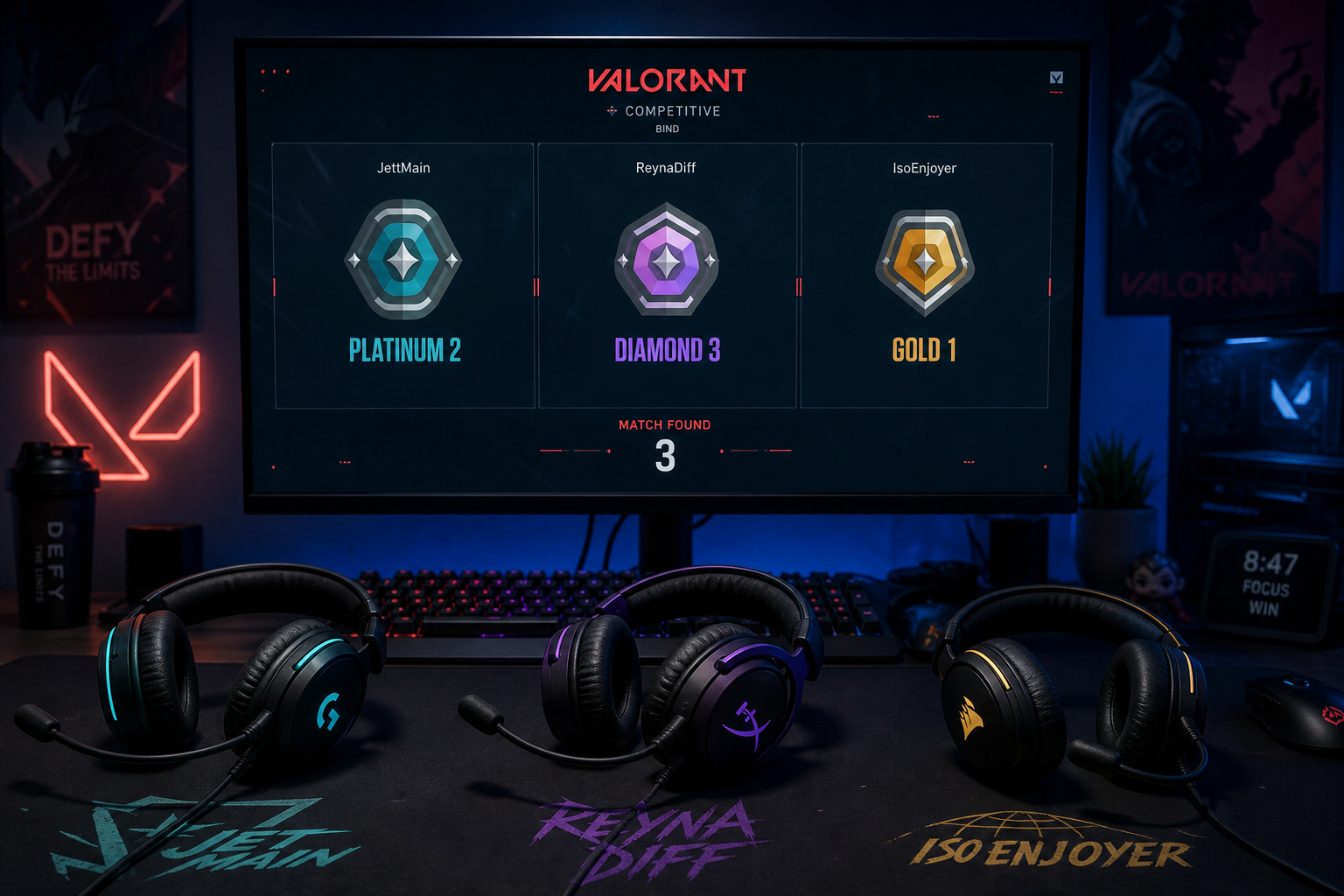 Three gaming headsets on a desk with Valorant rank icons showing Platinum, Diamond, and Gold.