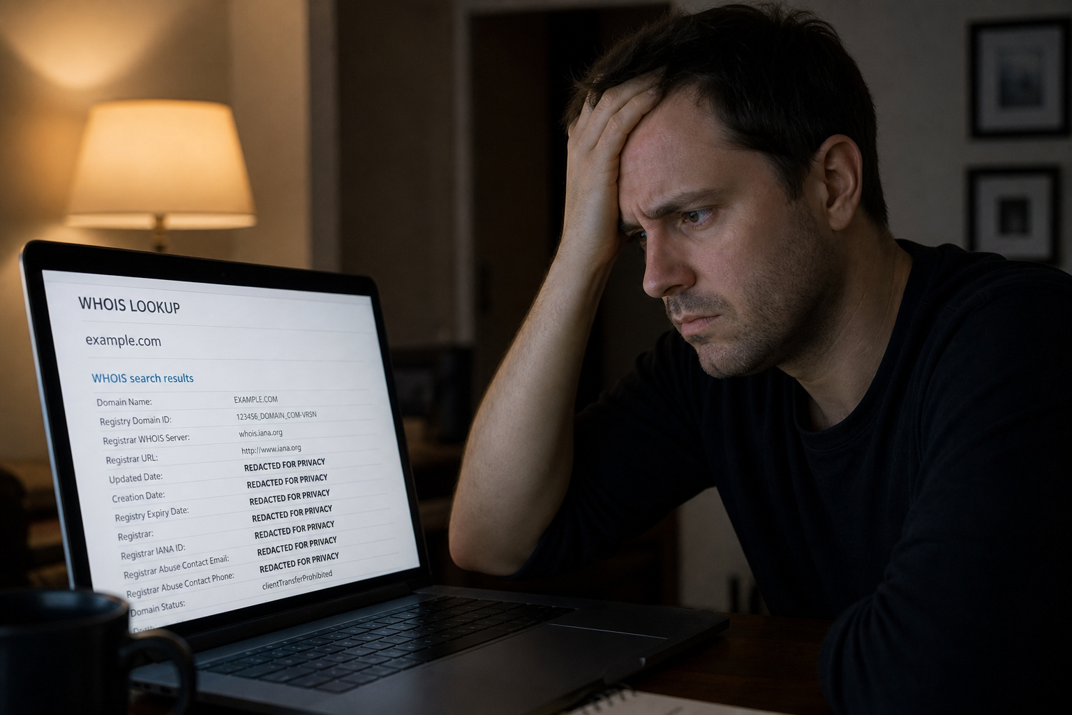 Reverse Email Lookup Free: How to Use WHOIS, RDAP, and OSINT to Find the Owner 2 User frustrated by REDACTED FOR PRIVACY message in WHOIS lookup result on laptop screen