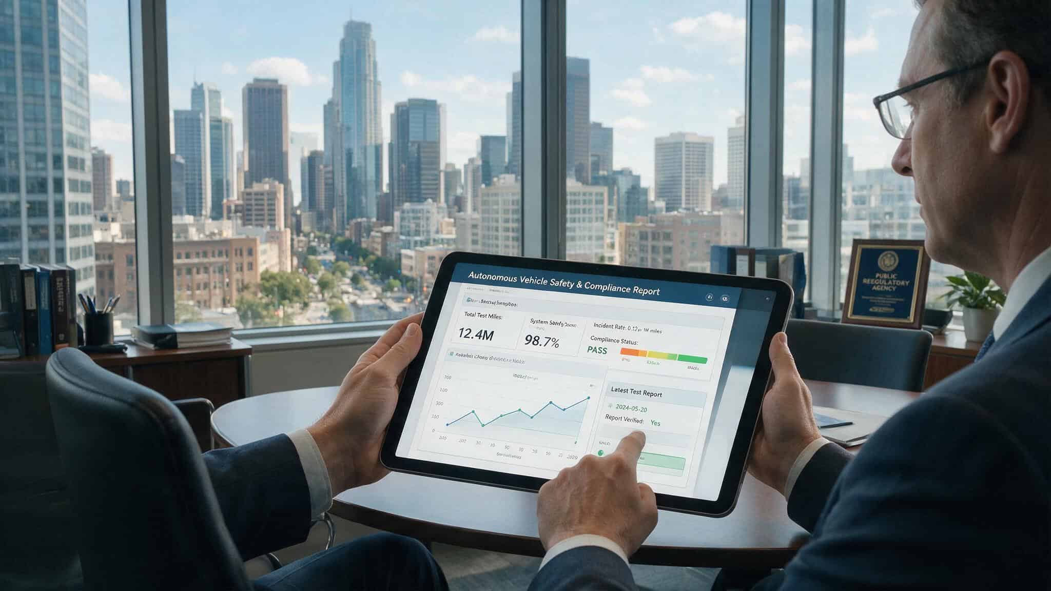 Path forward regulation over litigation section image showing a regulator reviewing AV safety data.