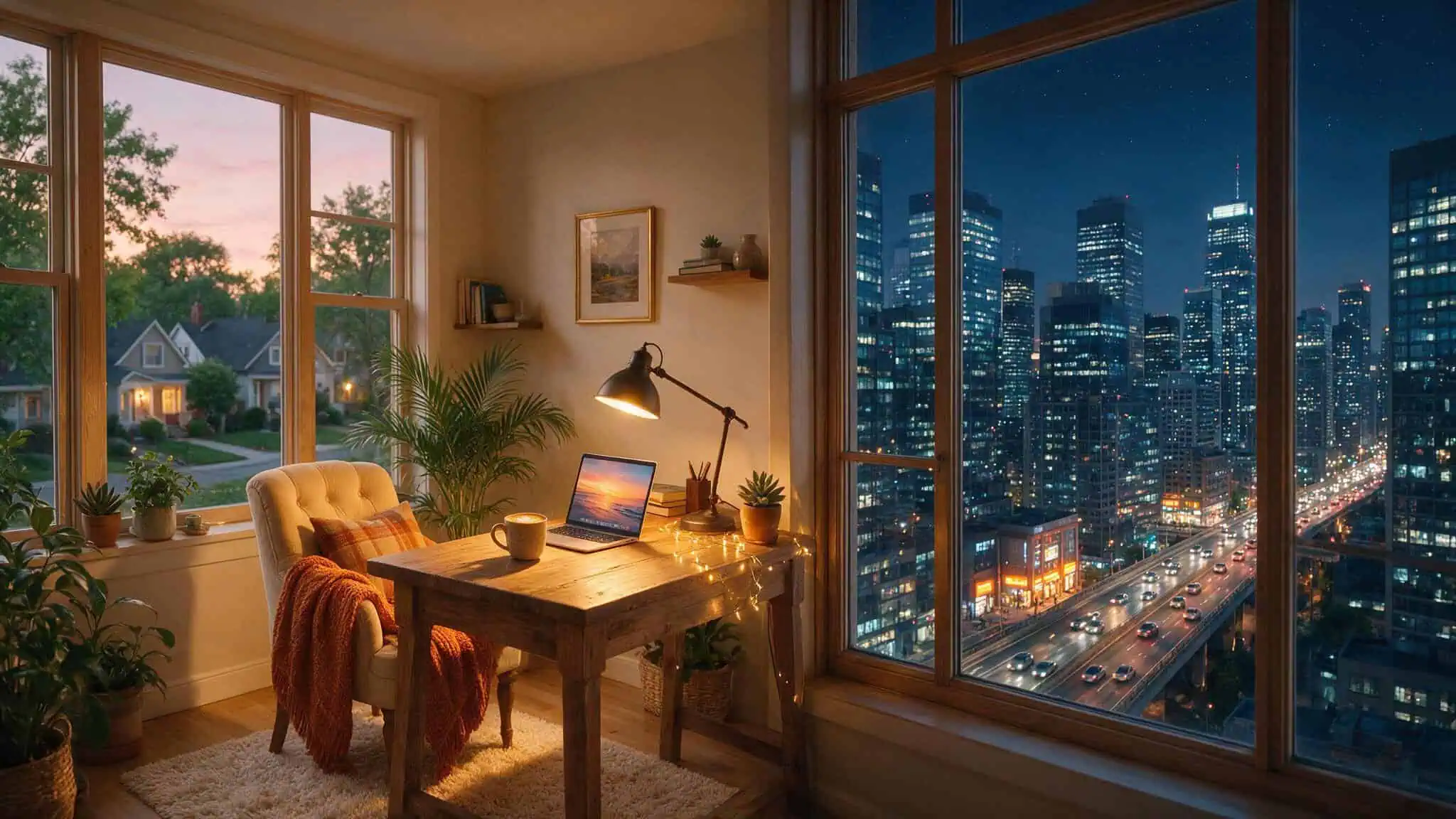 Web Designer Salary: $71k to $192k — Breakdown by Experience, Title, Location 2 Split scene comparing a suburban home office and a city skyline for web designer location salary impact.