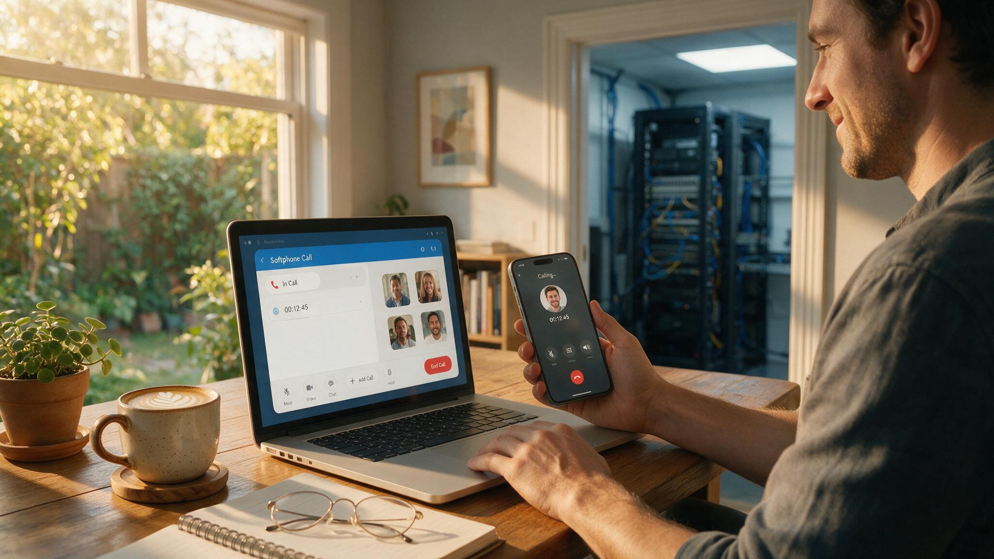 Cloud vs On-Premises Phone System: 3-Year TCO for 25 and 200 Users 3 Remote worker using softphone on laptop and mobile app with on-premises PBX rack faintly visible in background