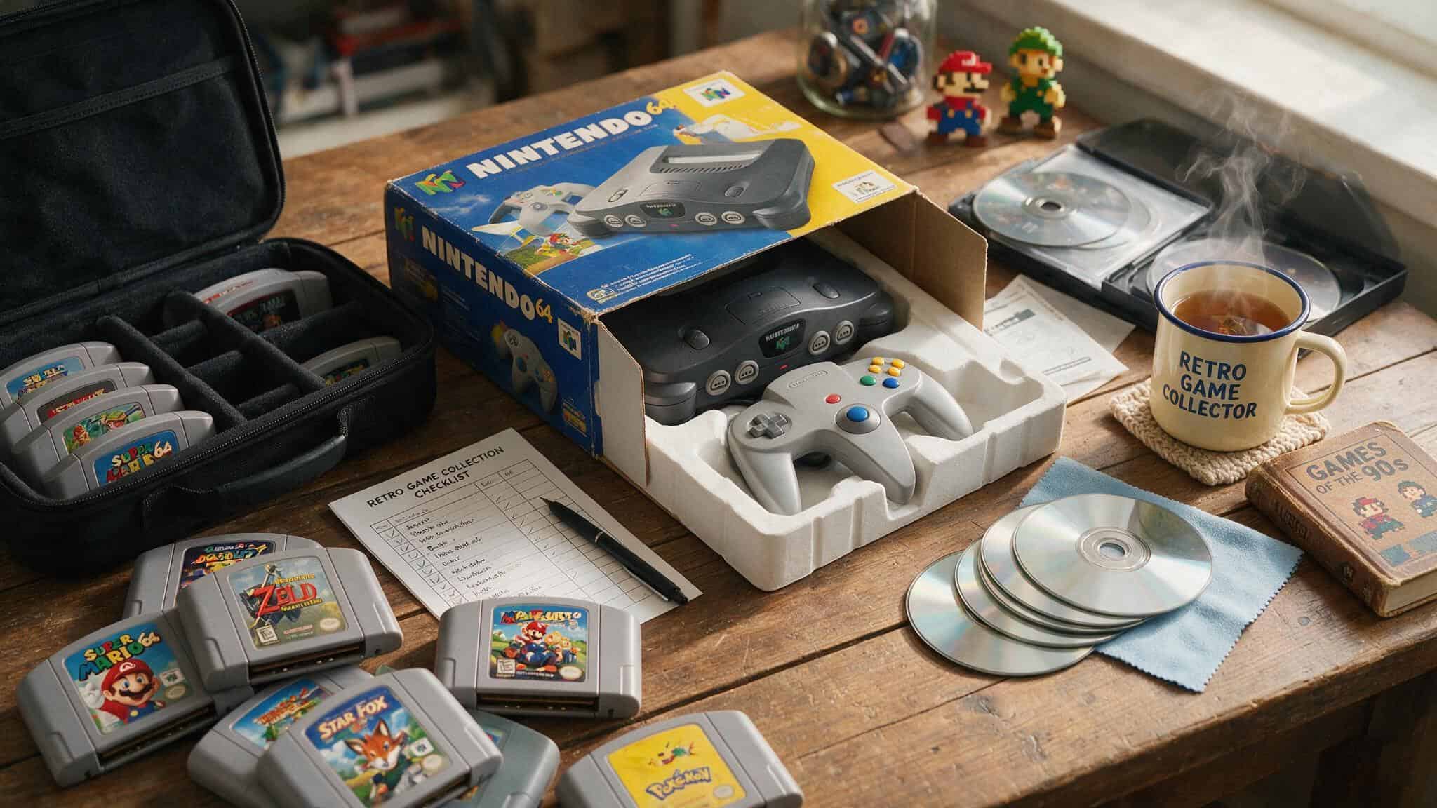 Retro game collection being sorted for trade-in evaluation, including cartridges and discs.