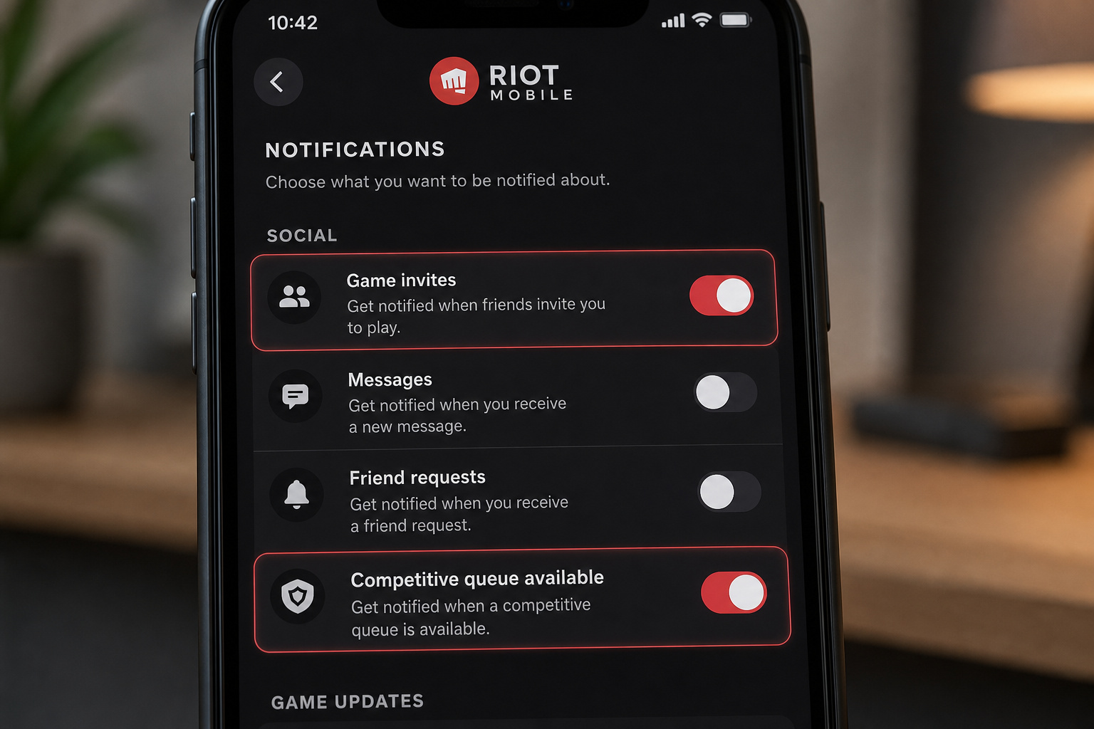 Riot Mobile app notification settings with game invites and competitive queue toggles enabled.