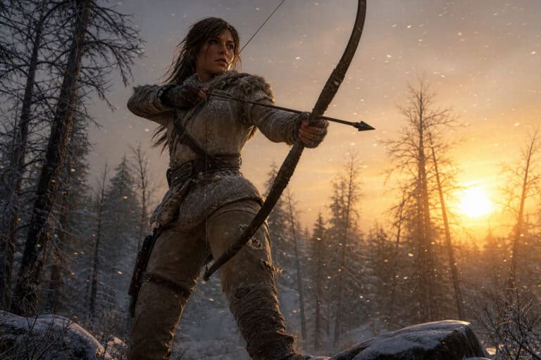 Female archer aiming her bow in a snowy forest during sunset, with tall trees and a dramatic sky in the background.