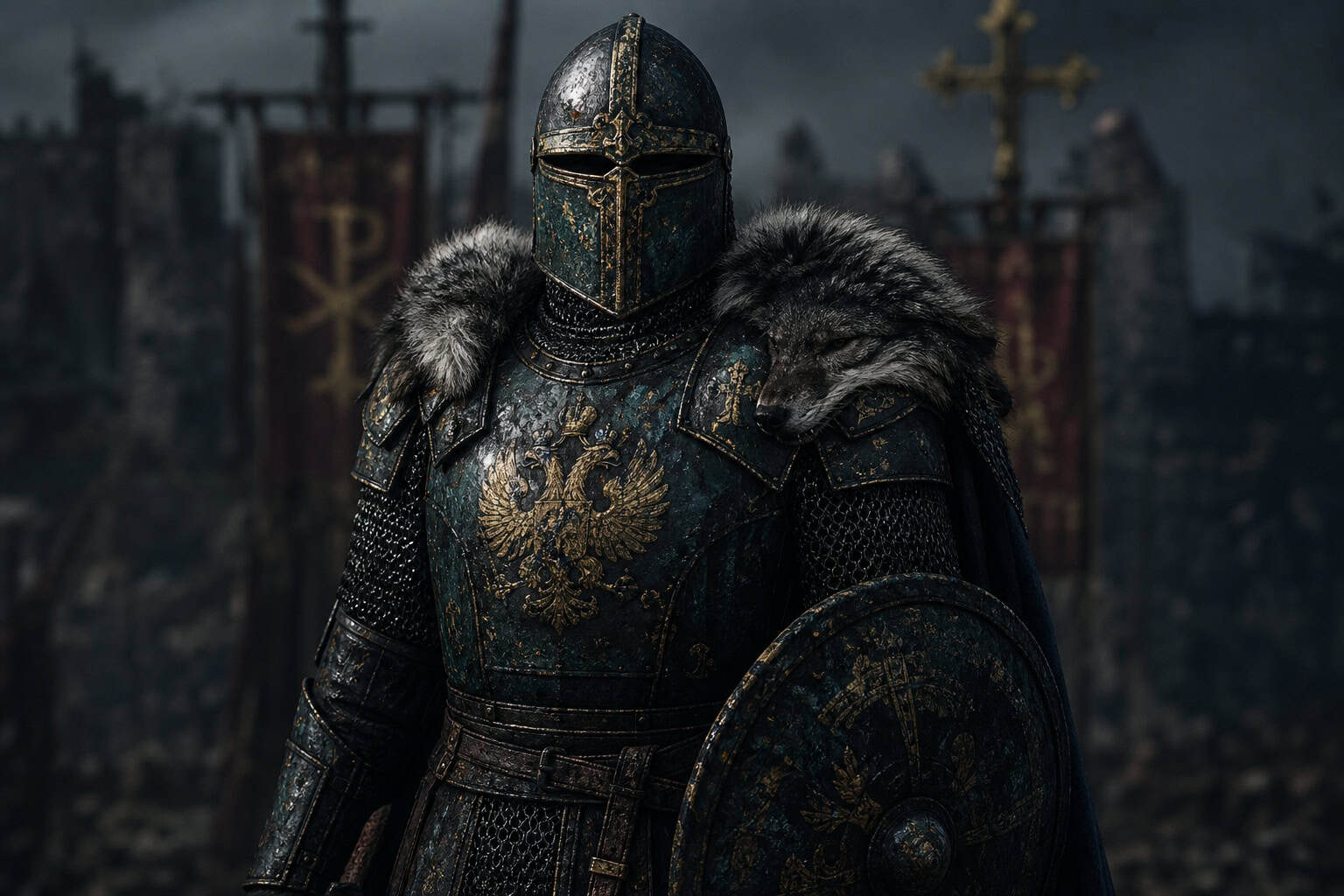 Sacra Umbra Byzantine steel armor with green patina and gold Remnant symbols for ancient threat protection.