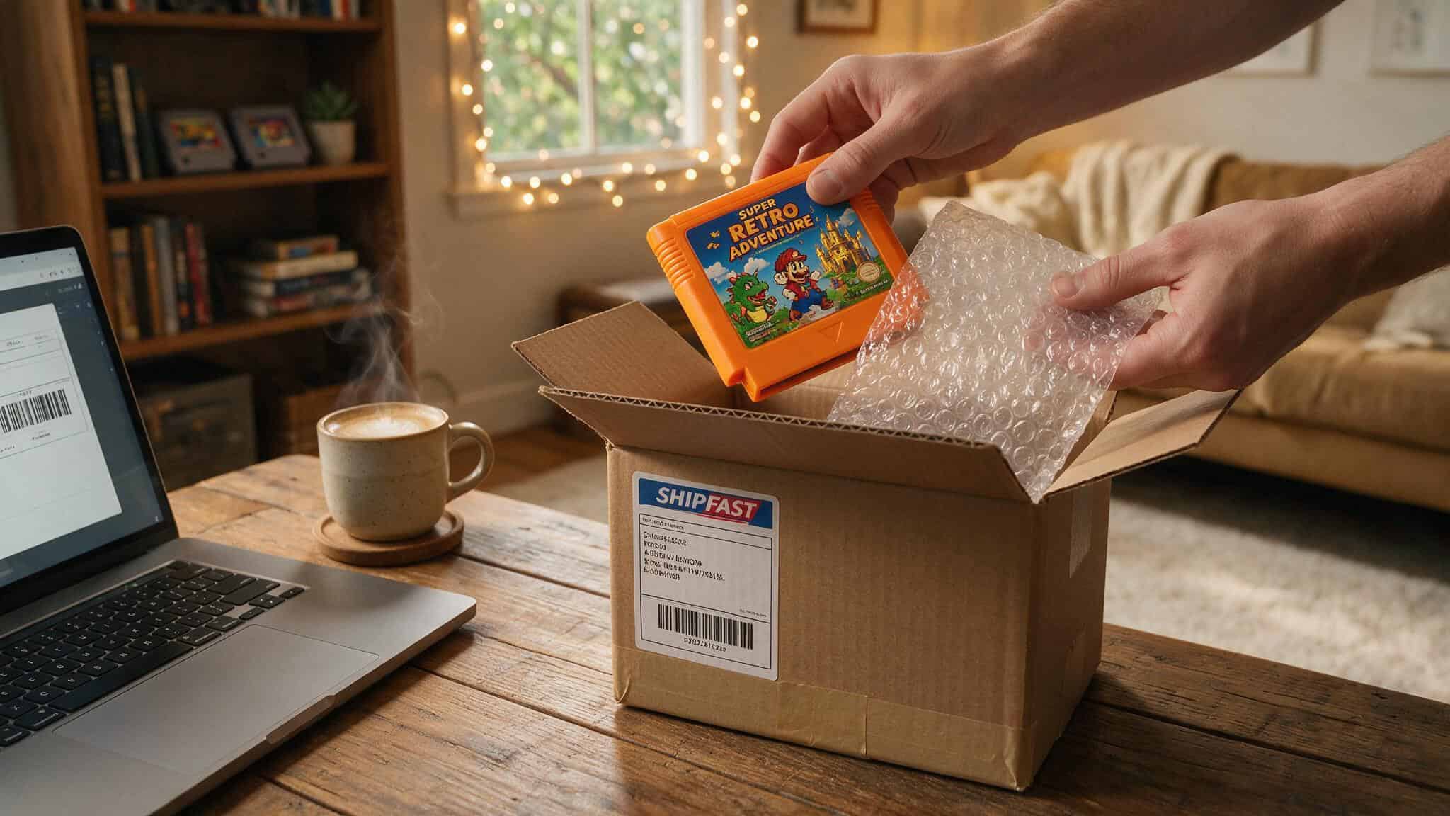 Who Buys Retro Video Games Online? 5 Buyers Compared With Real Payouts 2 Step-by-step process of selling retro games online showing packing and prepaid shipping label.