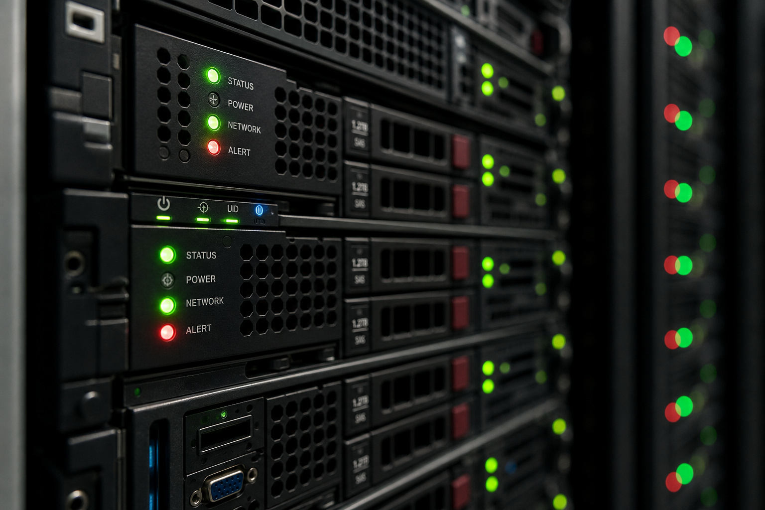 Data center server rack with LED lights representing data retention and auto-deletion policies for email checker tools