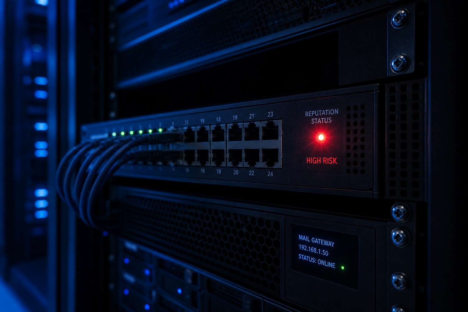 How to Check if an Email is Valid Without Sending: SMTP, DNS & Free Tools 2 Server rack with red LED warning indicator for email sender reputation risk